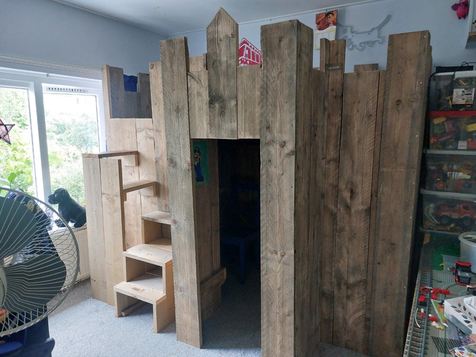 Unieke kasteelbed hoogslaper van steigerhout, Ophalen, Gebruikt, Eenpersoons, 200 cm