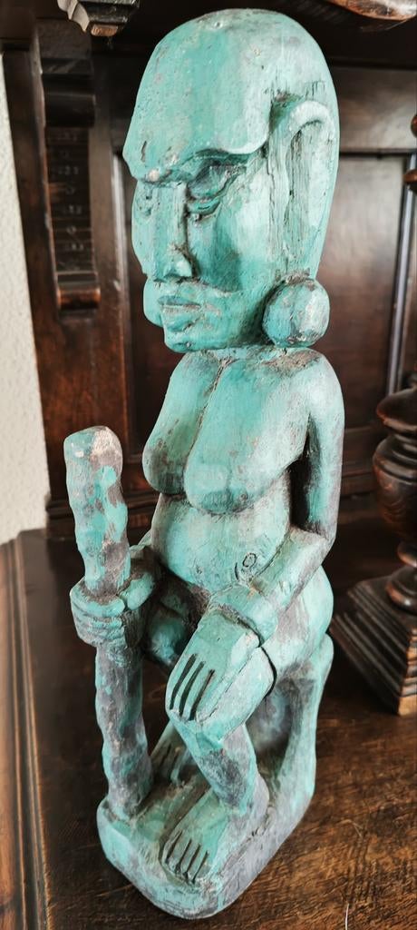 Houten Maya/Azteken Tribal Art Beeld - Uniek Groen Patina, Ophalen of Verzenden