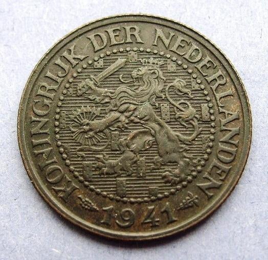 Oud bronzen 2 1/2 centstuk 1941 + zinken cent 1942., Verzenden, Koningin Wilhelmina, Overige waardes, Setje