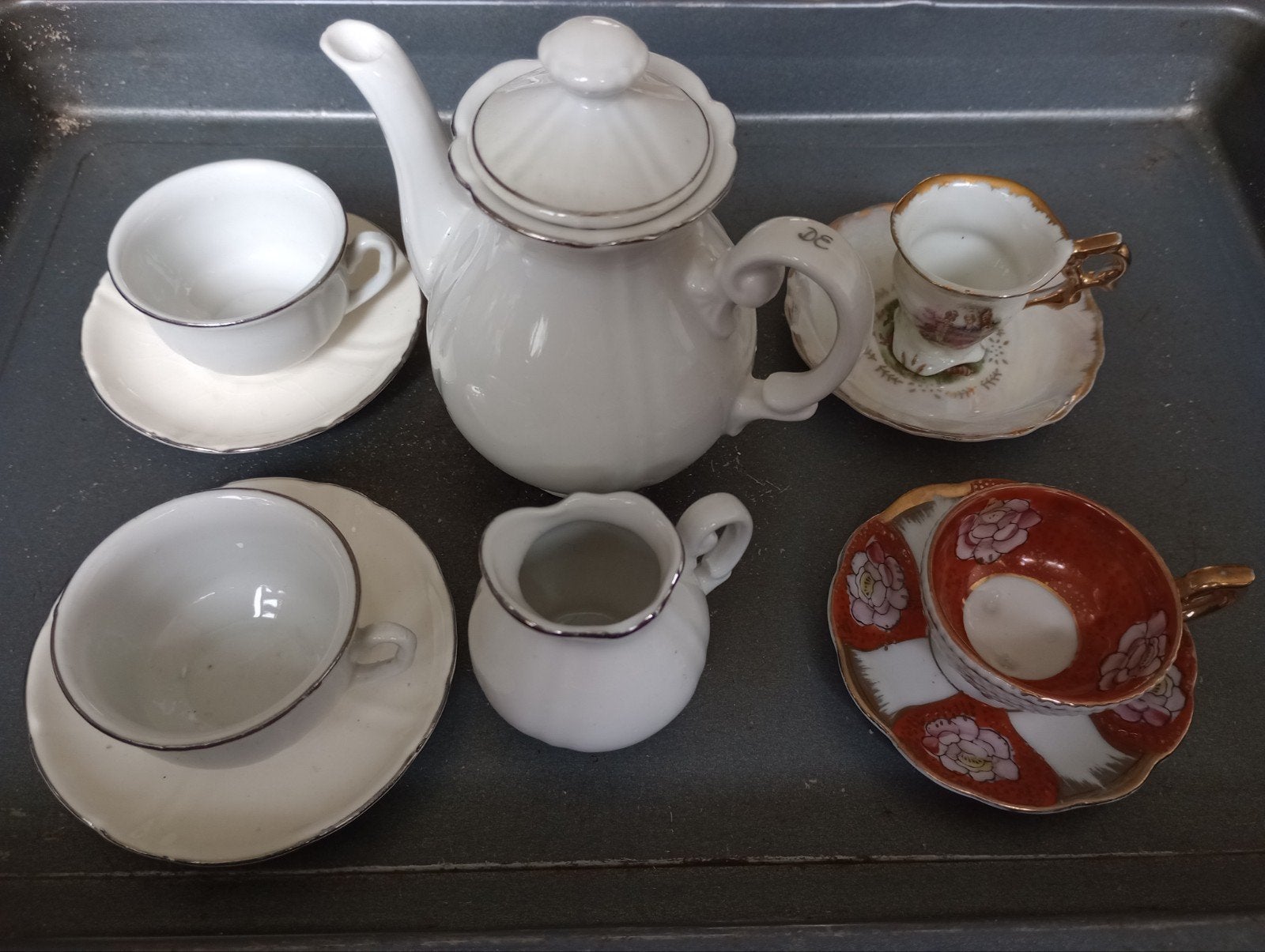 Vintage porseleinen theeserviesje met zilverlijn, Antiek en Kunst, Ophalen of Verzenden