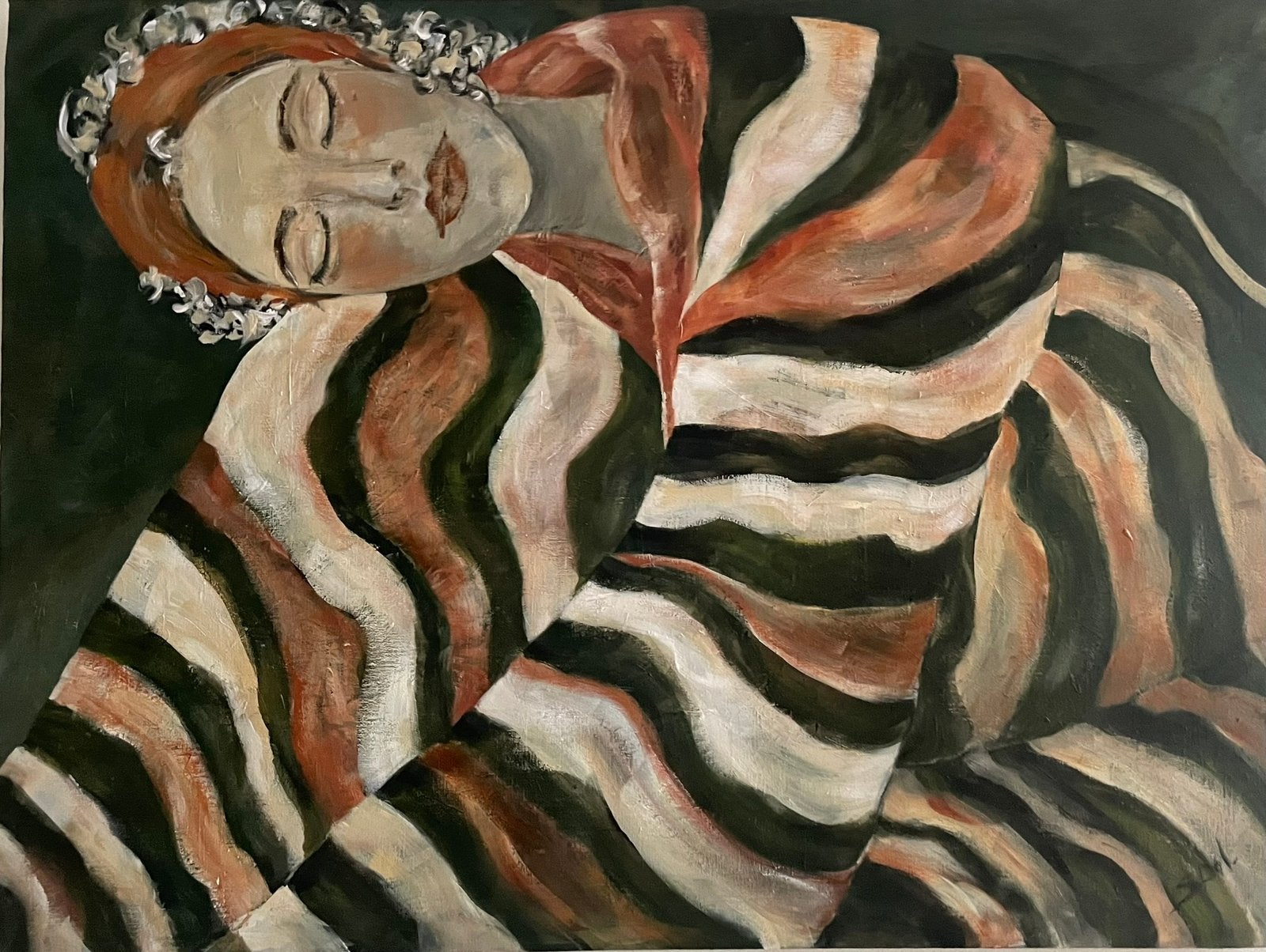 Groot Schilderij “ woman in striped kimono” 60x80 cm, Textiel, Gesigneerd, Ophalen, Figuren