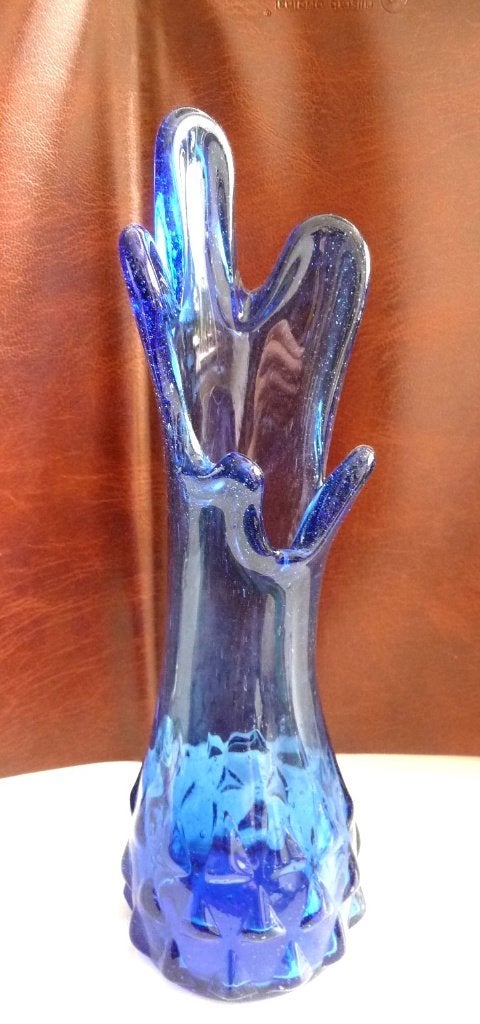 JAREN 60 70 GLAZEN VAAS 23 CM VINGERGLAS BLAUW VINTAGE, 23 cm, Verzenden, Blauw, Glas