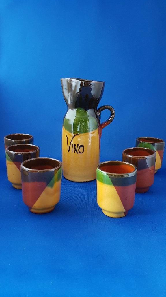 Retro wijnkan Vino met 6 kopjes, aardewerk. 1A2, Huis en Inrichting, Tweedehands verkoop, Tweedehands verkoop, Gebruikt, Ophalen of Verzenden