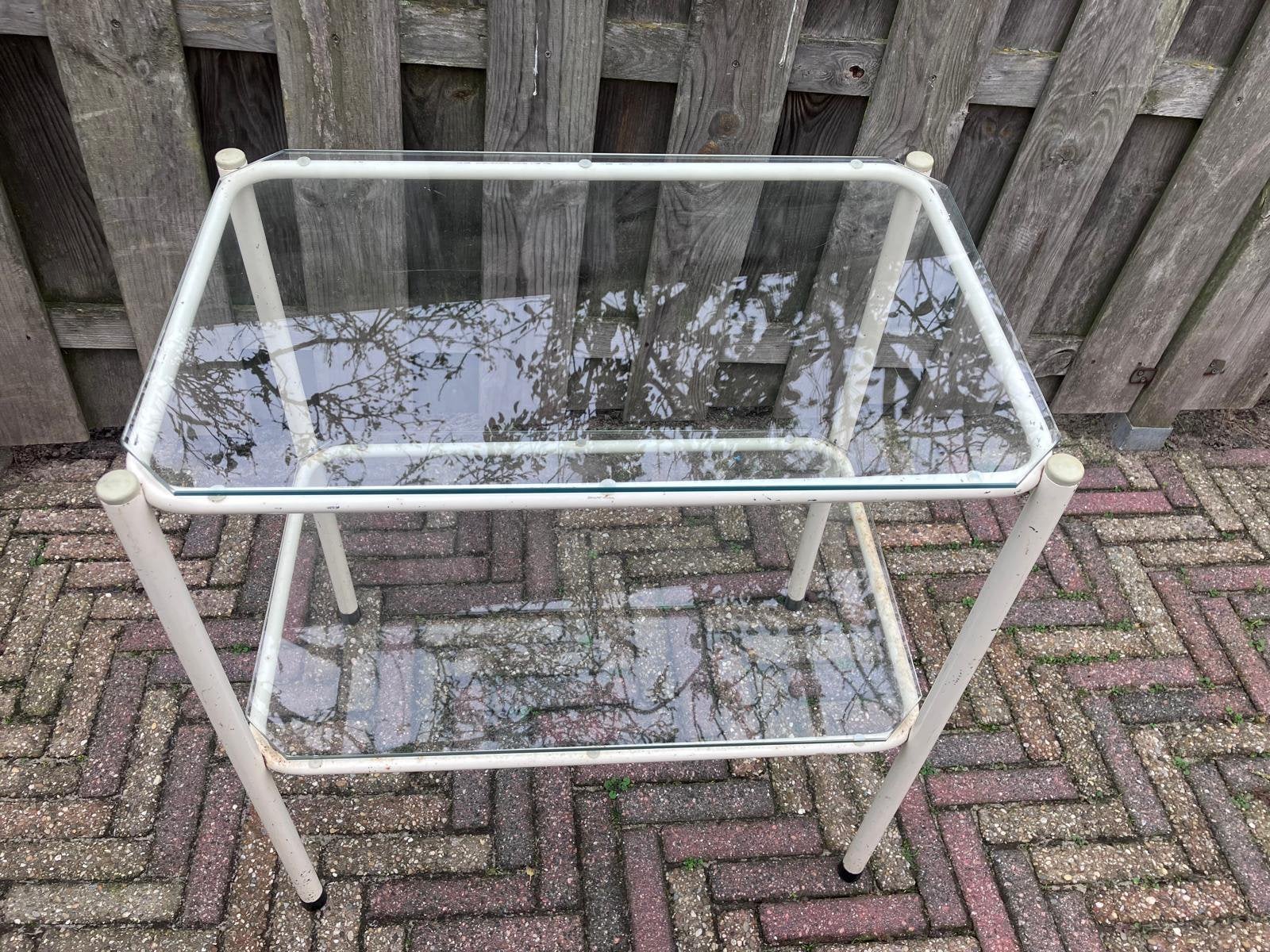 Prachtig vintage bijzettafel, apothekerstafel, Ophalen, Gebruikt, Glas, 45 tot 65 cm