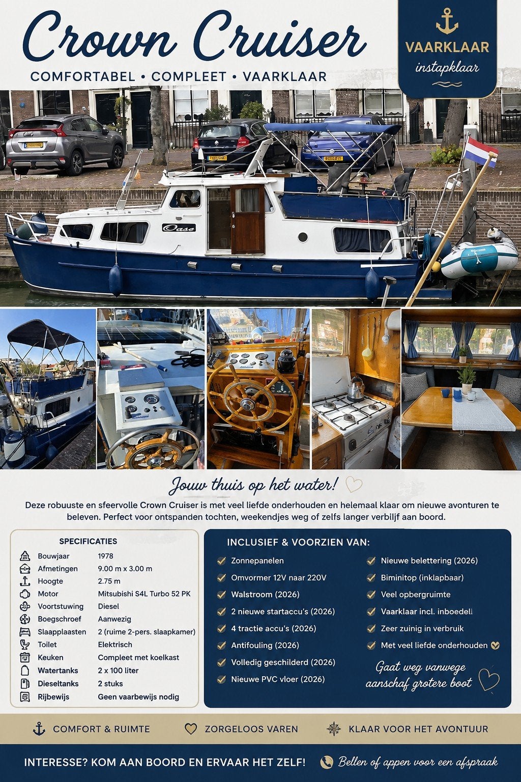 Crown Cruiser 900 “Oase” – vaarklaar, compleet en vernieuwd, Kruiser, Ophalen, Elektrisch, Walstroom