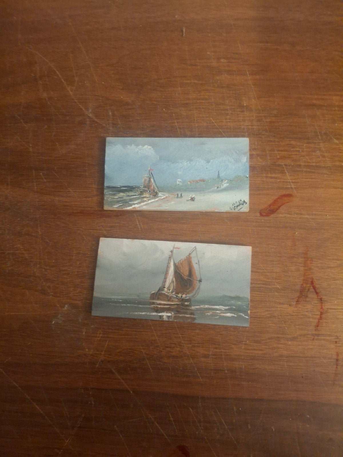 Twee Maritieme Miniatuur Schilderijen - Olieverf op Paneel, Ophalen, Handgeschilderd, Olieverf, Klassiek