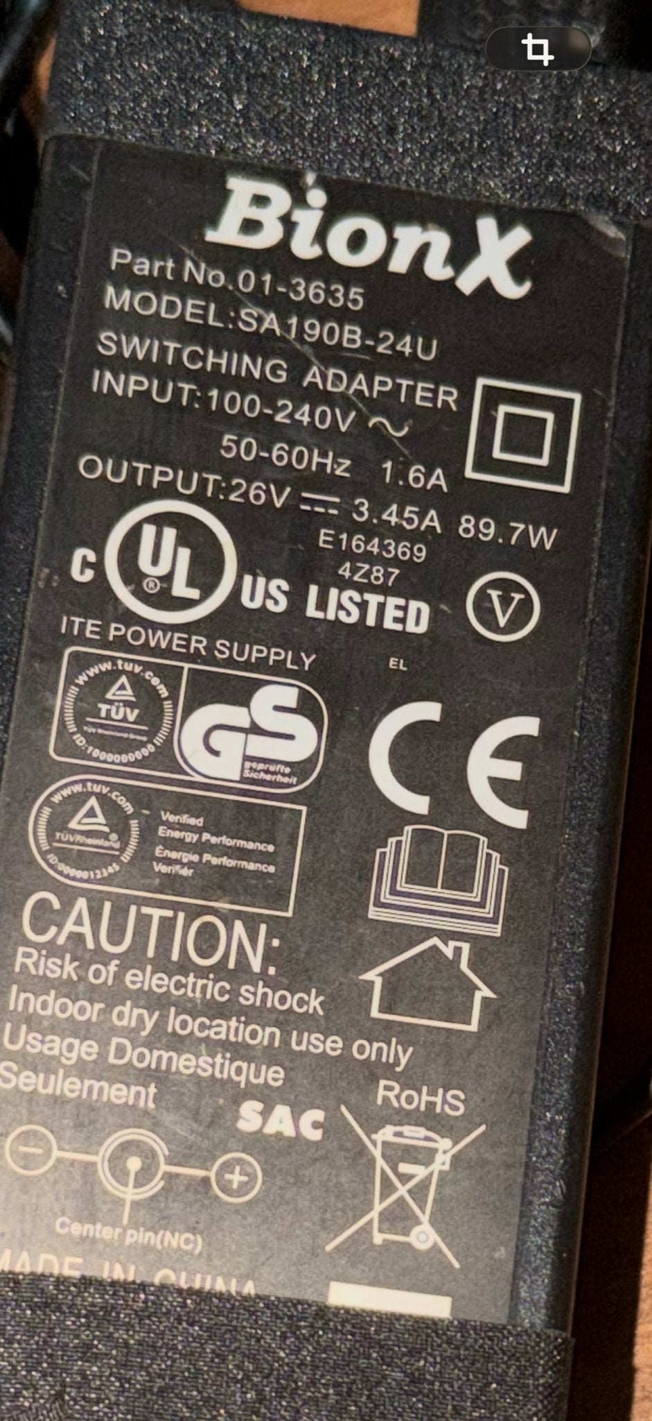 BionX SA190B-24U Oplader voor E-bike Accu, Ophalen of Verzenden, Gebruikt