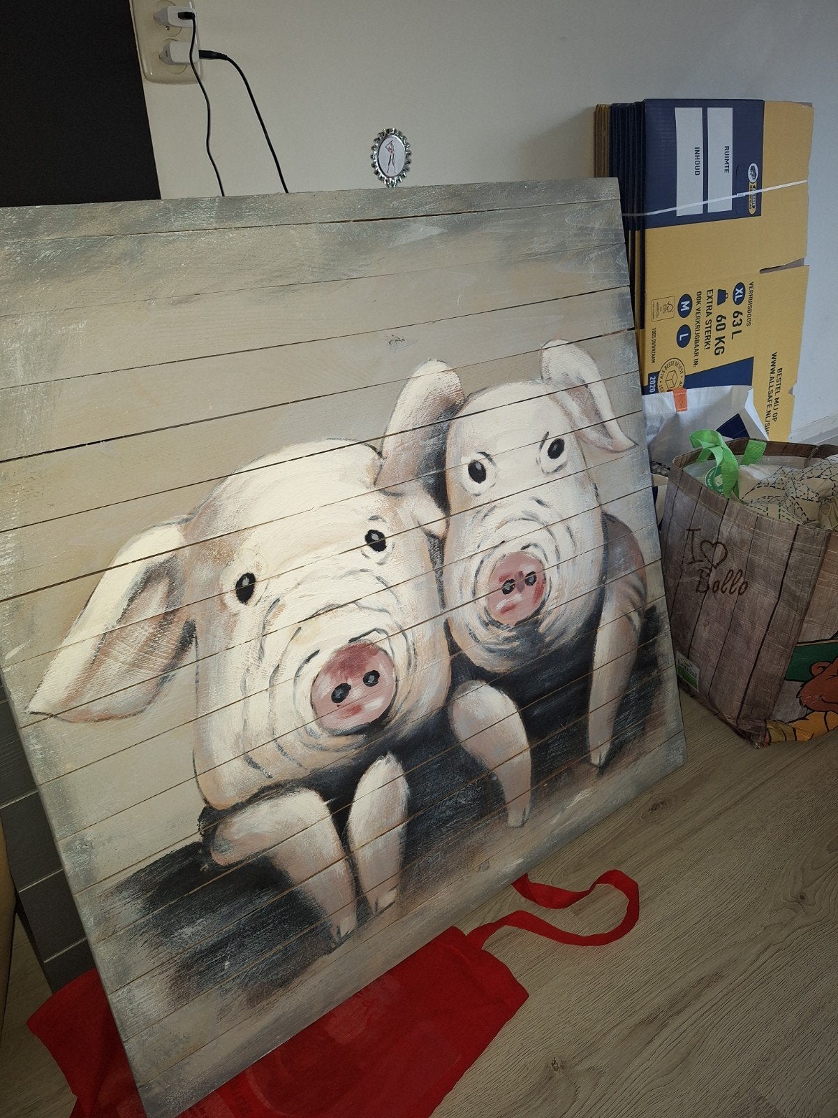 Schilderij 2 varkens op hout 80x80 cm, Antiek en Kunst, Ophalen, Hout, Handgeschilderd, Dieren