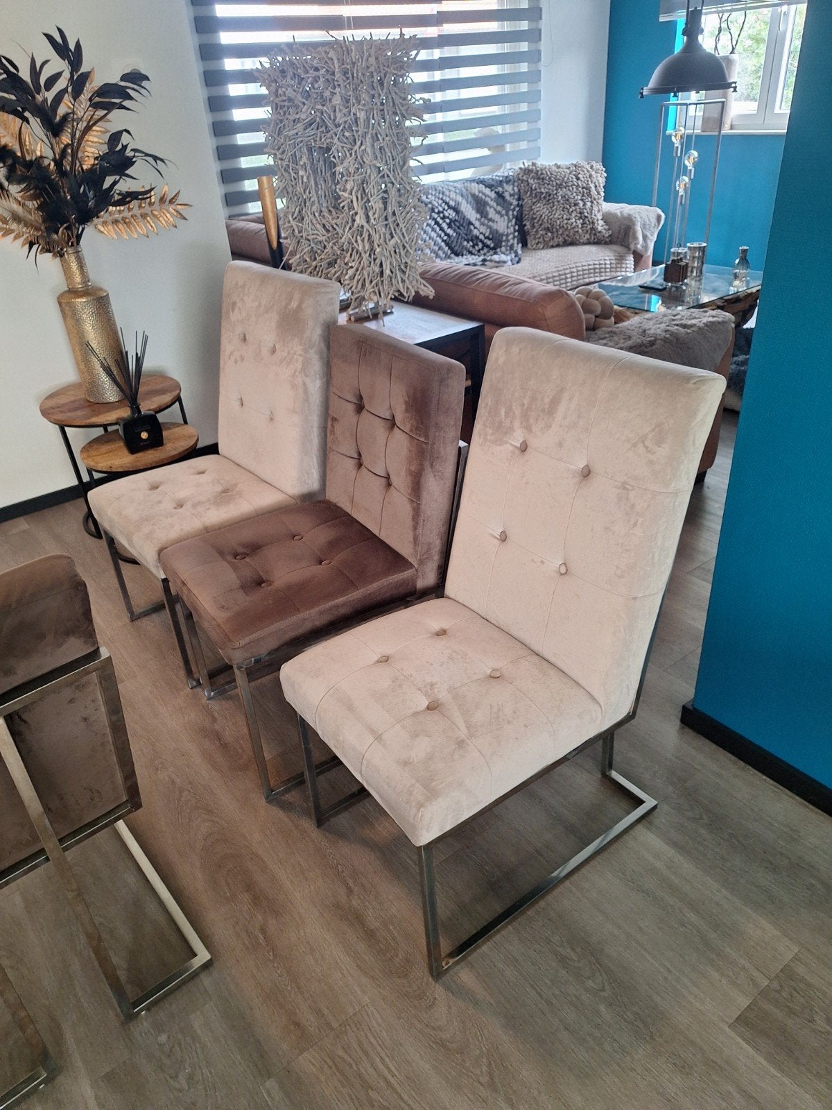 Set van 4 gestoffeerde eetkamerstoelen - beige en bruin, Modern, Gestoffeerd, Gebruikt, Overige kleuren, Ophalen of Verzenden