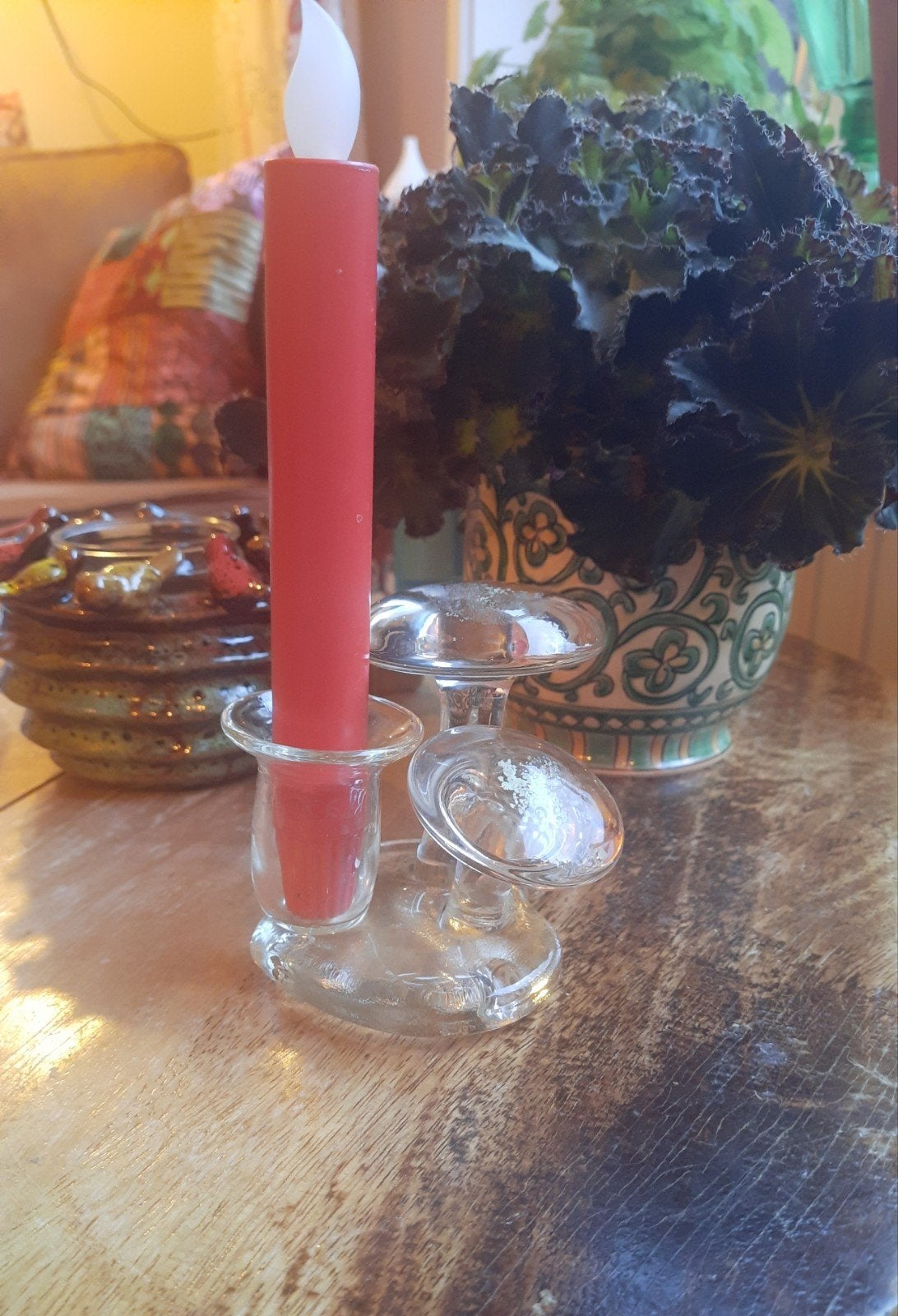 Rasteli paddenstoel kandelaar 1 kaars glas,lees beschrijving, Ophalen of Verzenden, Zo goed als nieuw, Overige materialen, Minder dan 25 cm