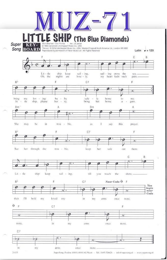 Muz71 bladmuziek super song: Little Ship (The Blue Diamonds), Muziek en Instrumenten, Ophalen of Verzenden, Gebruikt, Artiest of Componist