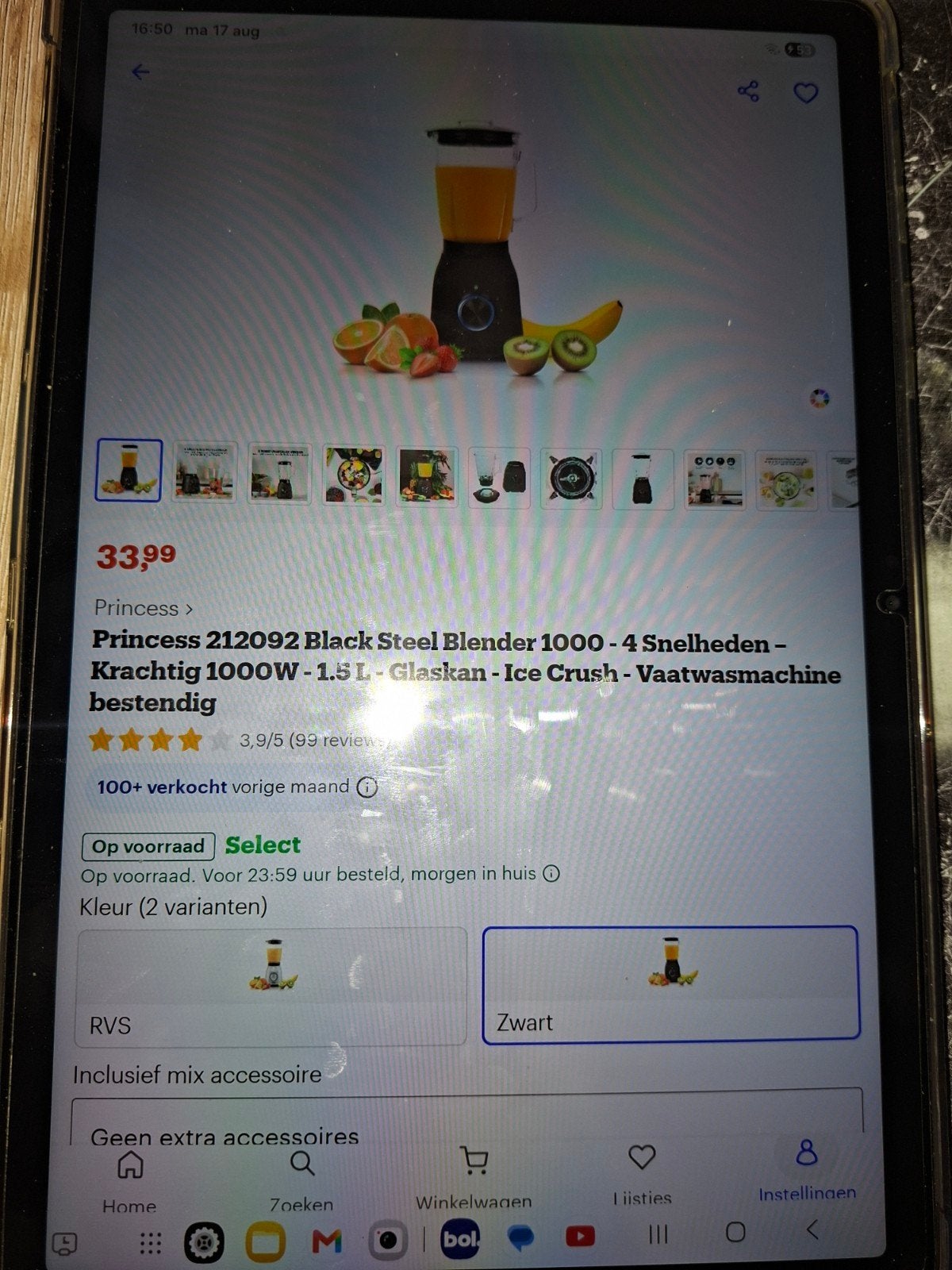 Princess 212092 Black Steel Blender 1000W - 1.5L Glaskan, Witgoed en Apparatuur, Blenders, Ophalen, Zo goed als nieuw, Blender