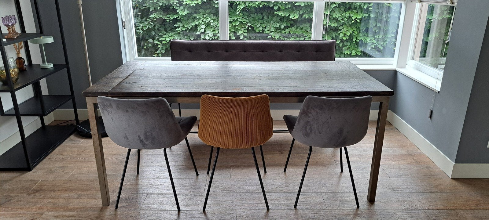 Teakhouten eettafel met 2 salontafels., Gebruikt, Teakhout, Vijf personen of meer, 150 tot 200 cm