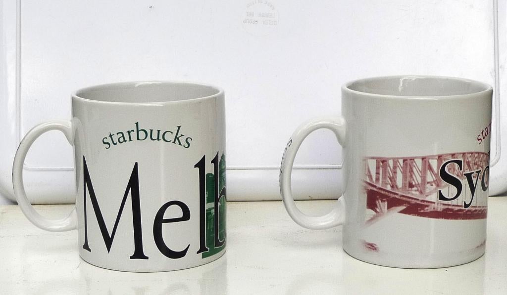 Starbucks mokken, 2 stuks, van Melbourne en Sydney., Huis en Inrichting, Keuken | Servies, Ophalen of Verzenden, Zo goed als nieuw