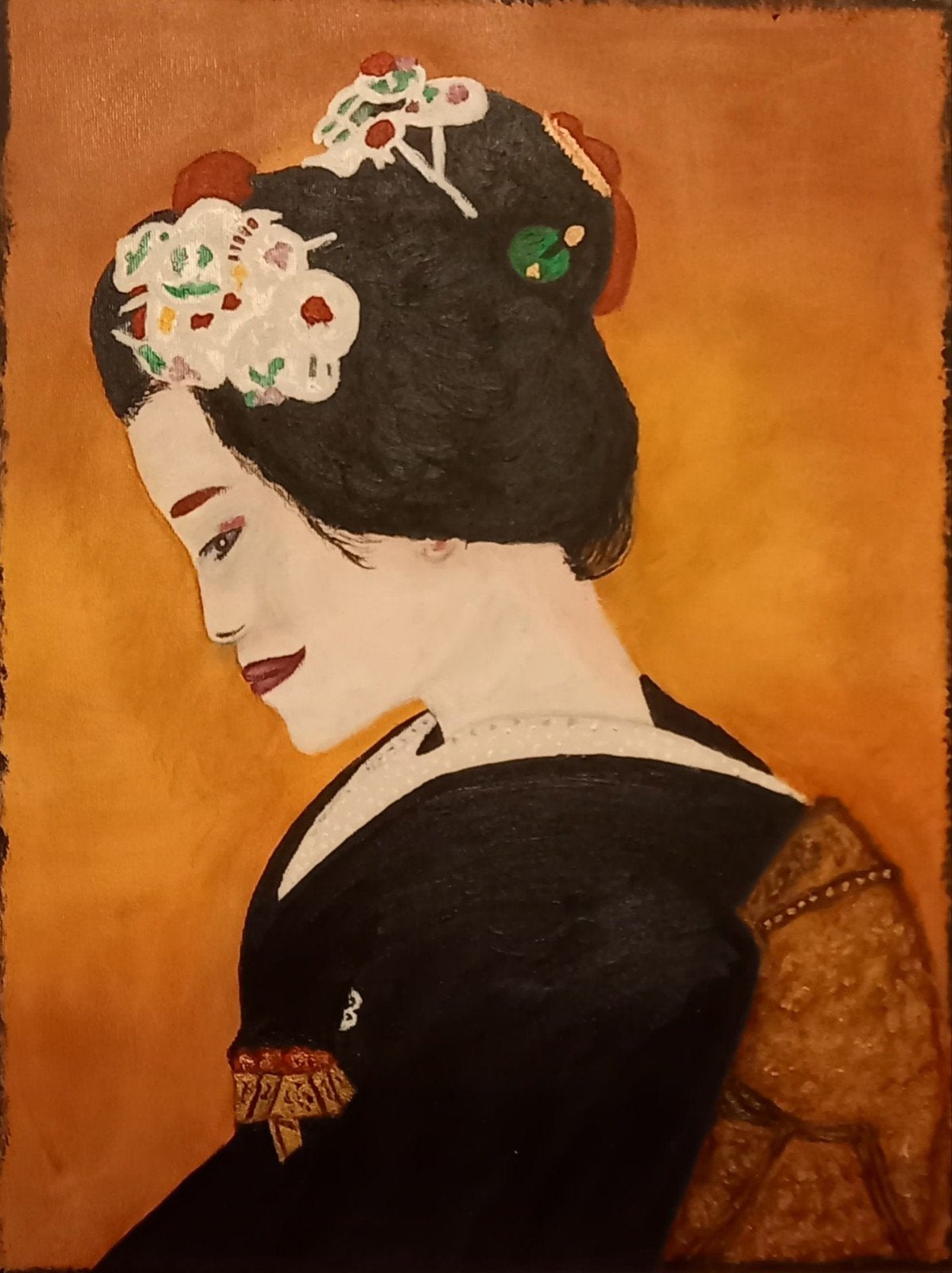 Geisha portret - Acrylverf op doek (60x80cm), Antiek en Kunst, Acrylverf, Ophalen of Verzenden, Handgeschilderd, Portret