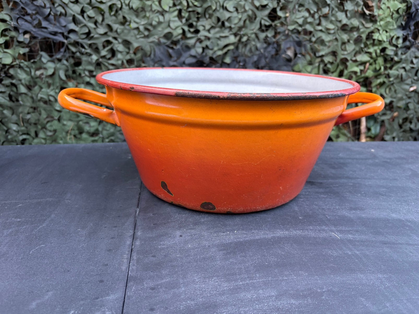 Vintage oranje gevlamde emaille teil, Antiek en Kunst, Antiek | Emaille, Ophalen of Verzenden