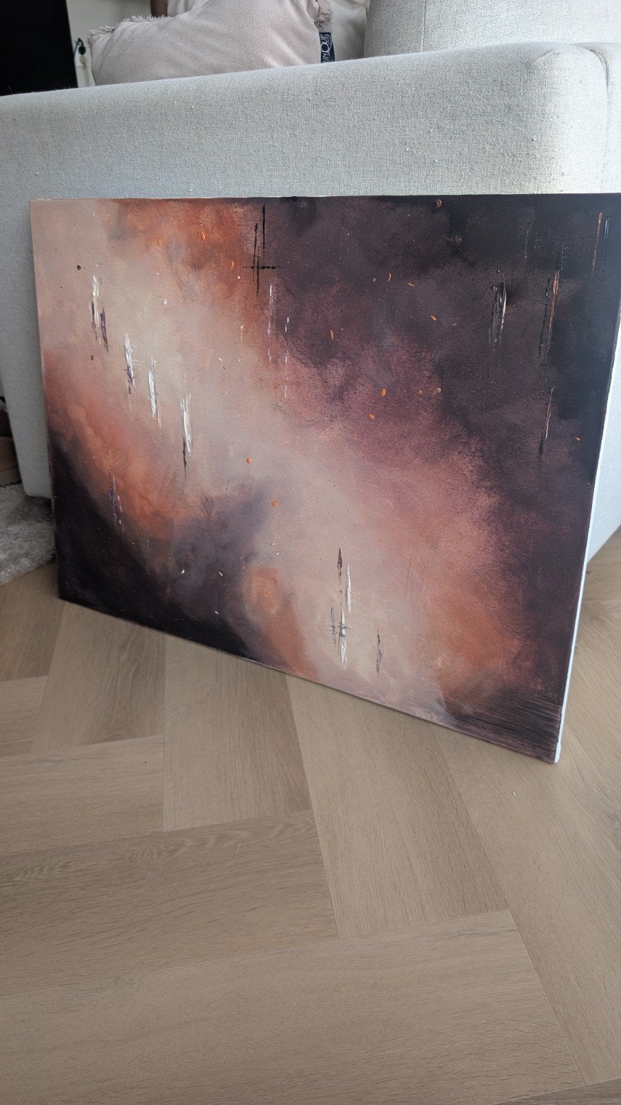 Abstract Schilderij: Paars, Terracotta & Beige Acryl, Ophalen of Verzenden