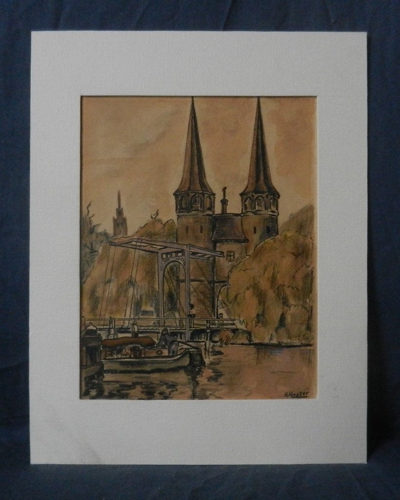 Aquarel Gezicht op Oostpoort Delft A. Koster hxb: 20,5x16,1, Antiek en Kunst, Ophalen of Verzenden