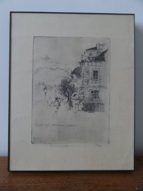 ingelijste ets,Theo Beerendonk, Parijs stadsgezicht, Antiek en Kunst, Kunst | Etsen en Gravures, Verzenden, Stadsgezicht, Ets