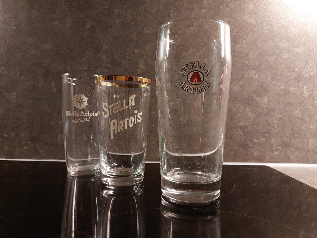 3 maal Stella Artois bierglazen, Verzamelen, Biermerken, Ophalen, Gebruikt, Glas of Glazen, Stella Artois