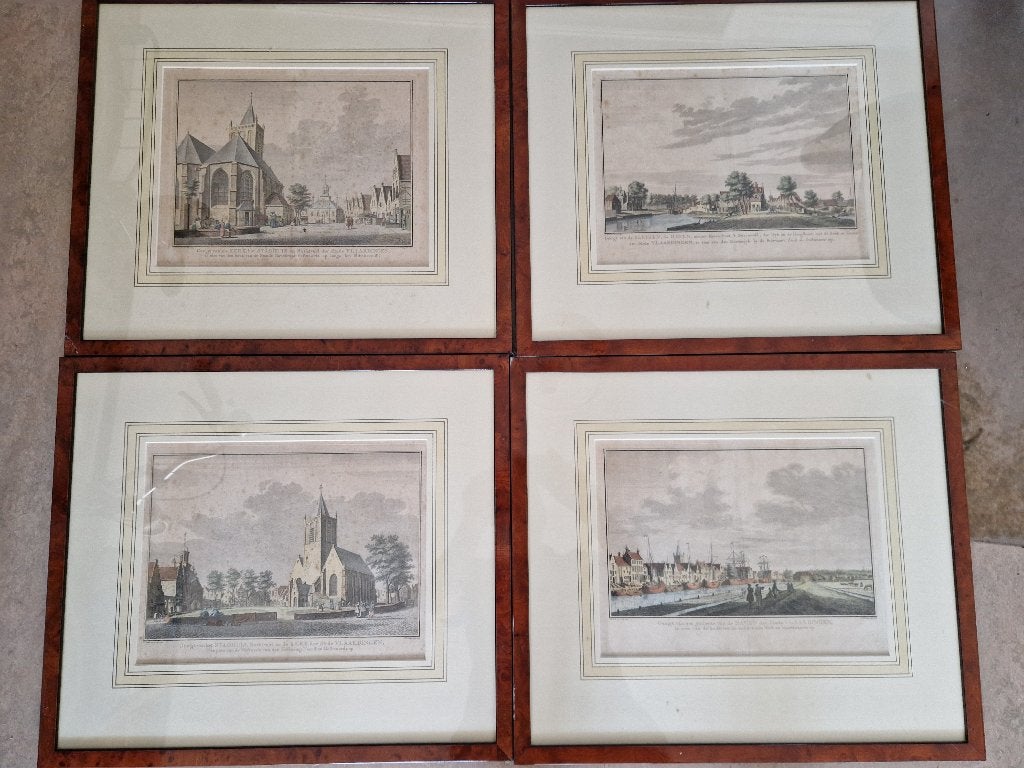 4 prachtige kopergravures van Vlaardingen uit de 18e eeuw, Ophalen, 34 cm, 25 cm, Stadsgezicht