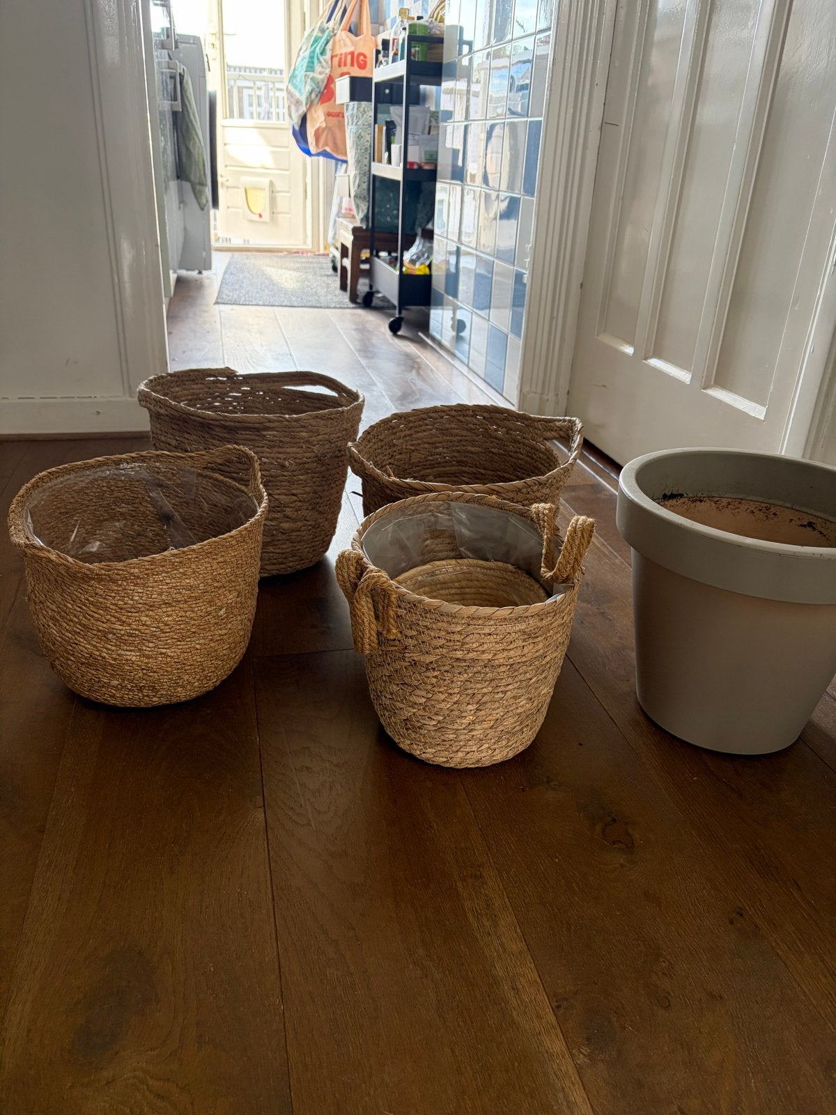 Set van 6 rieten plantenpotten, Tuin en Terras, Bloempotten, Overige materialen, Gebruikt, Rond, Binnen