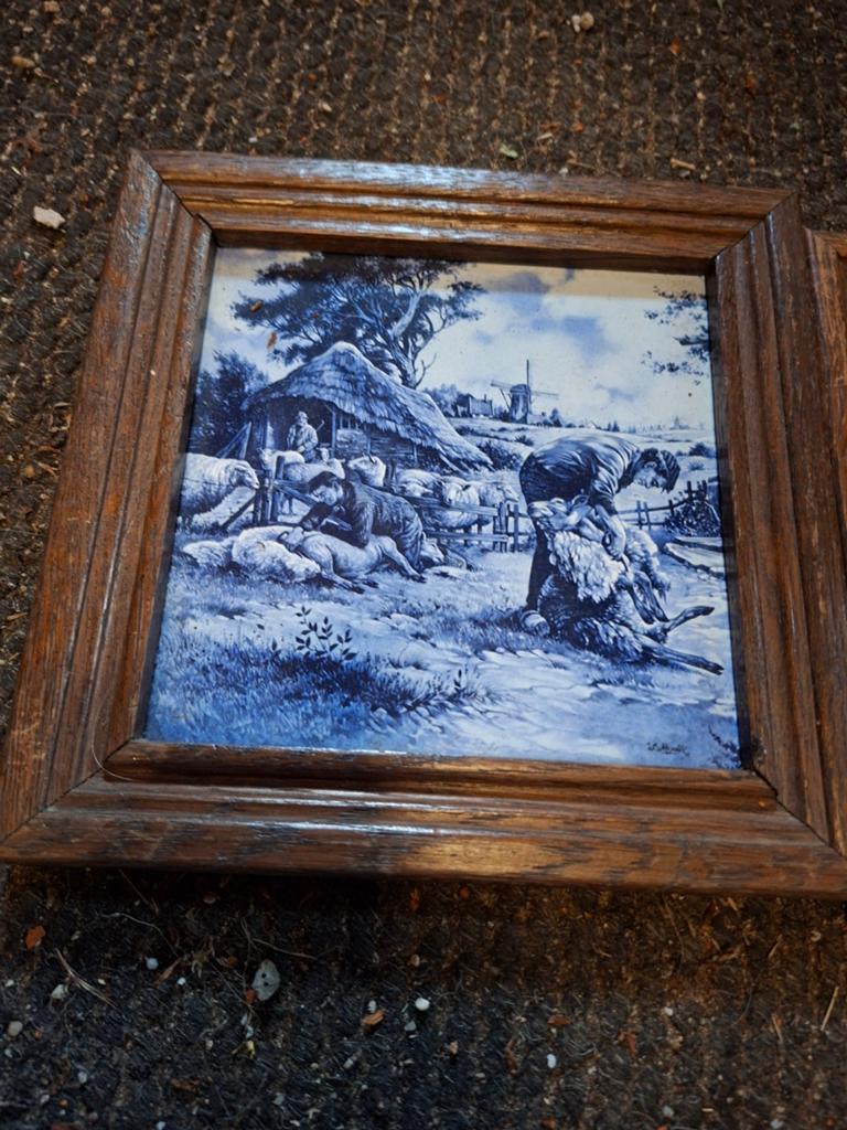 Set van 3 Delfts blauwe tegeltjes in houten lijst, Ophalen of Verzenden
