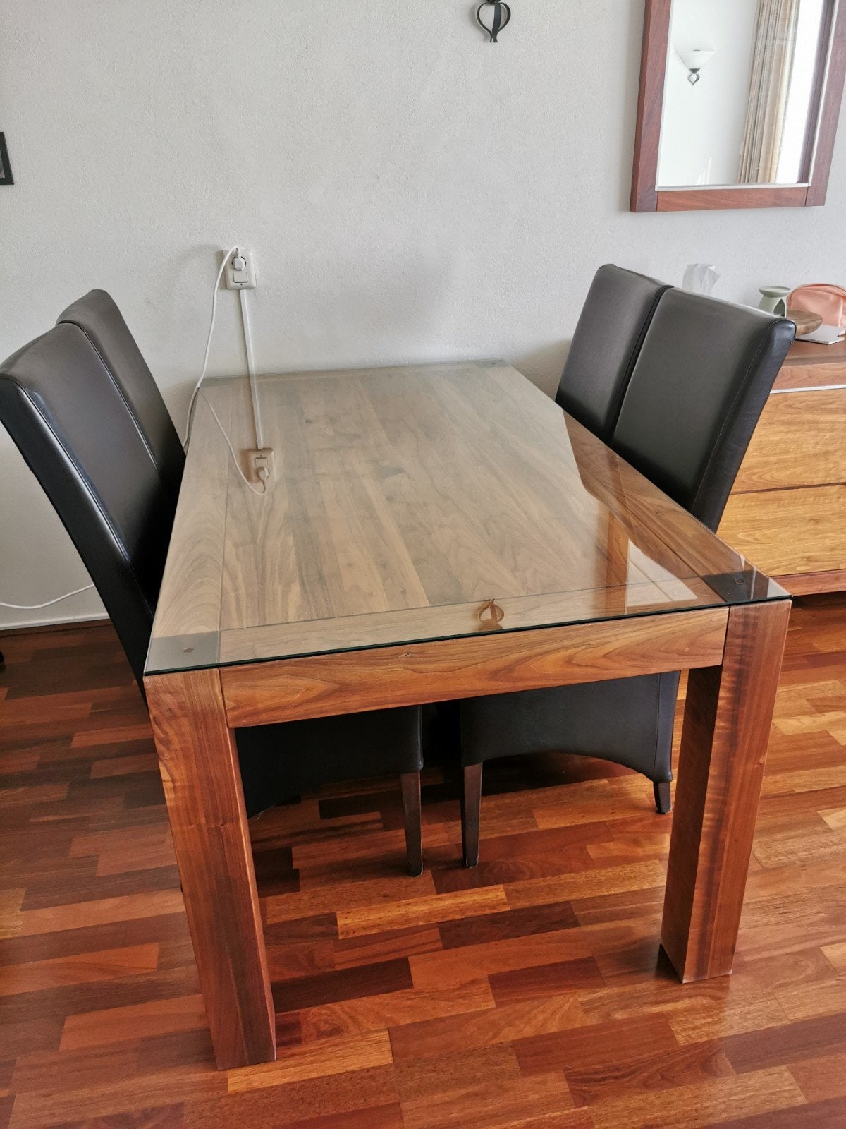 Beukenhouten eettafel met 6 stoelen en vierkante tafel, Ophalen, Gebruikt, 100 tot 150 cm, Vijf personen of meer