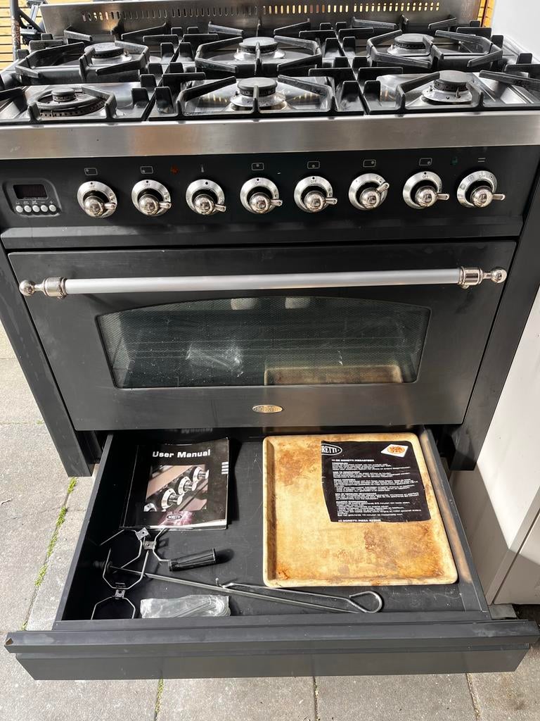 Boretti gasfornuis met 6 pitten, wokbrander en gasoven, Ophalen, Gebruikt, 60 cm of meer, Grill