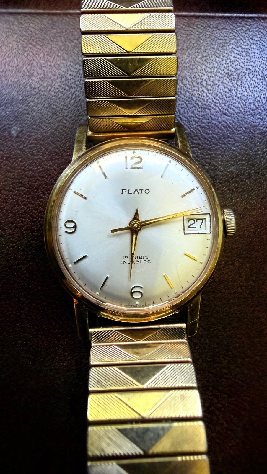 Vintage Plato Polshorloge - Verguld met Datumfunctie, Sieraden, Tassen en Uiterlijk, Horloges | Antiek, Overige merken, Overige materialen
