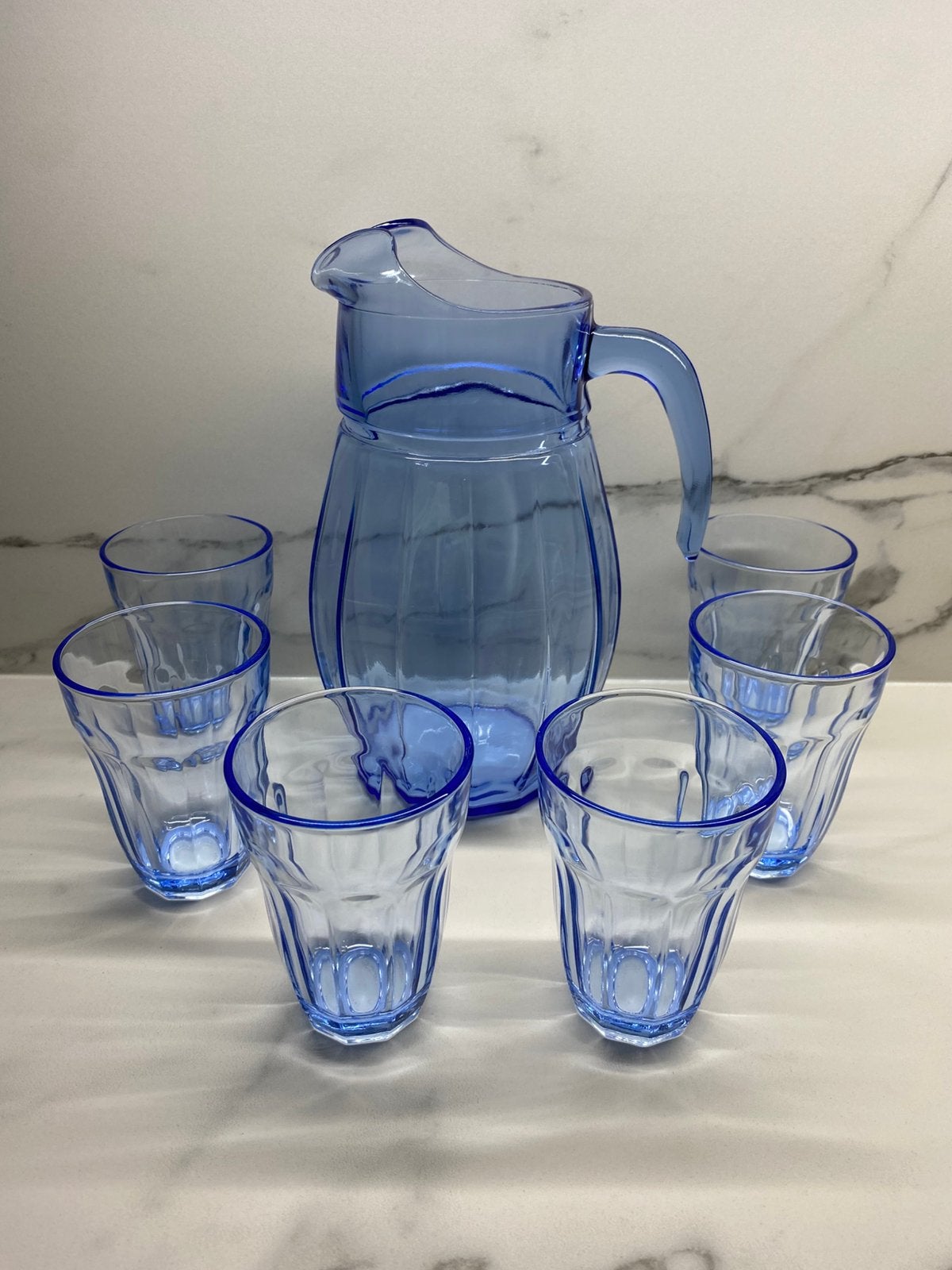 Retro kobalt blauw schenkkan + 6 drinkglazen (nieuw), Verzamelen, Ophalen of Verzenden, Nieuw, Waterglas