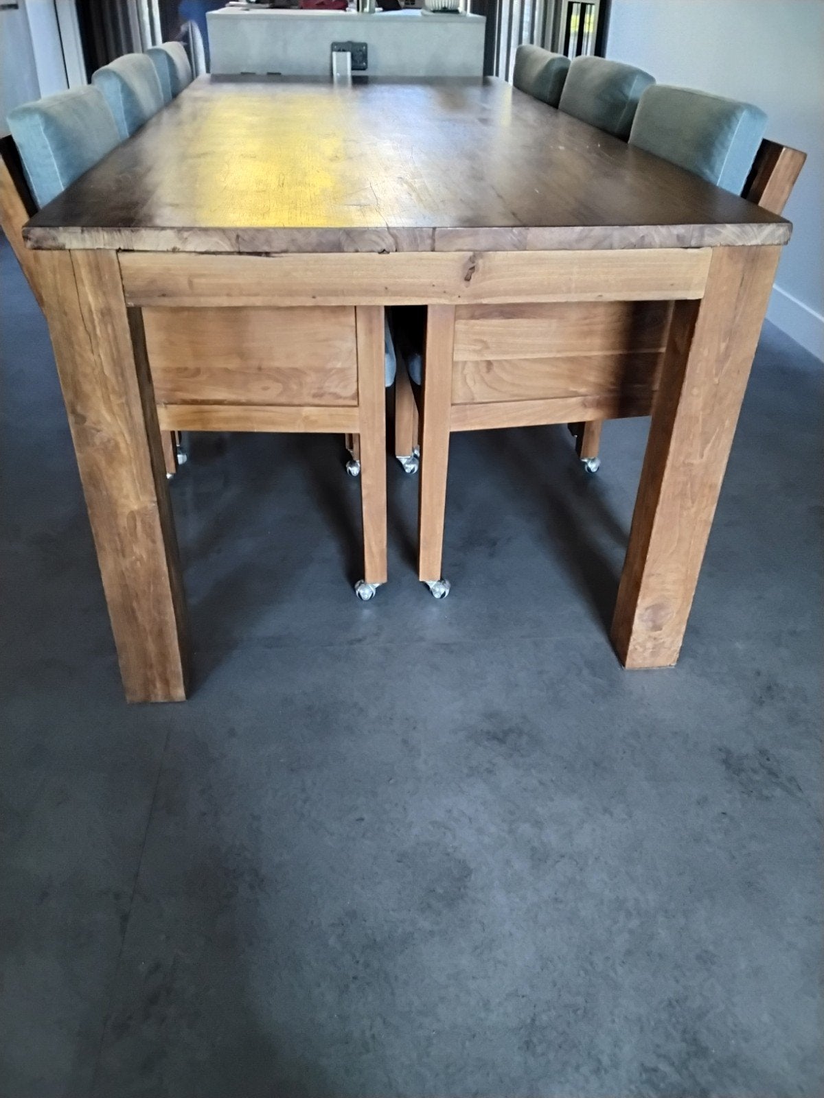 Teak eettafel (220x100 cm) met 6 stoelen en kussens, Ophalen, Gebruikt, Teakhout, 200 cm of meer