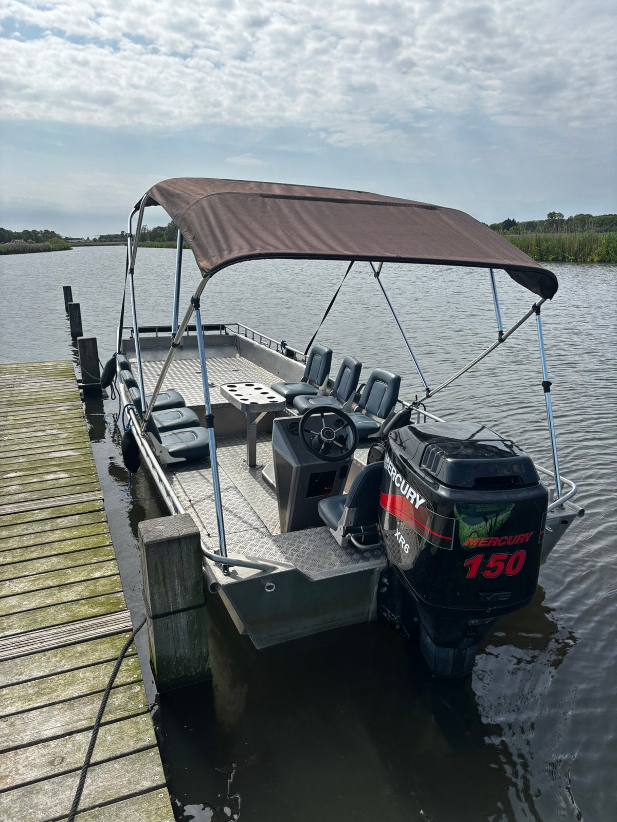 Aluminium platbodem met mercury 150PK en Kalf trailer, Watersport en Boten, Ophalen, Aluminium, Afdekzeil, Buitenboordmotor