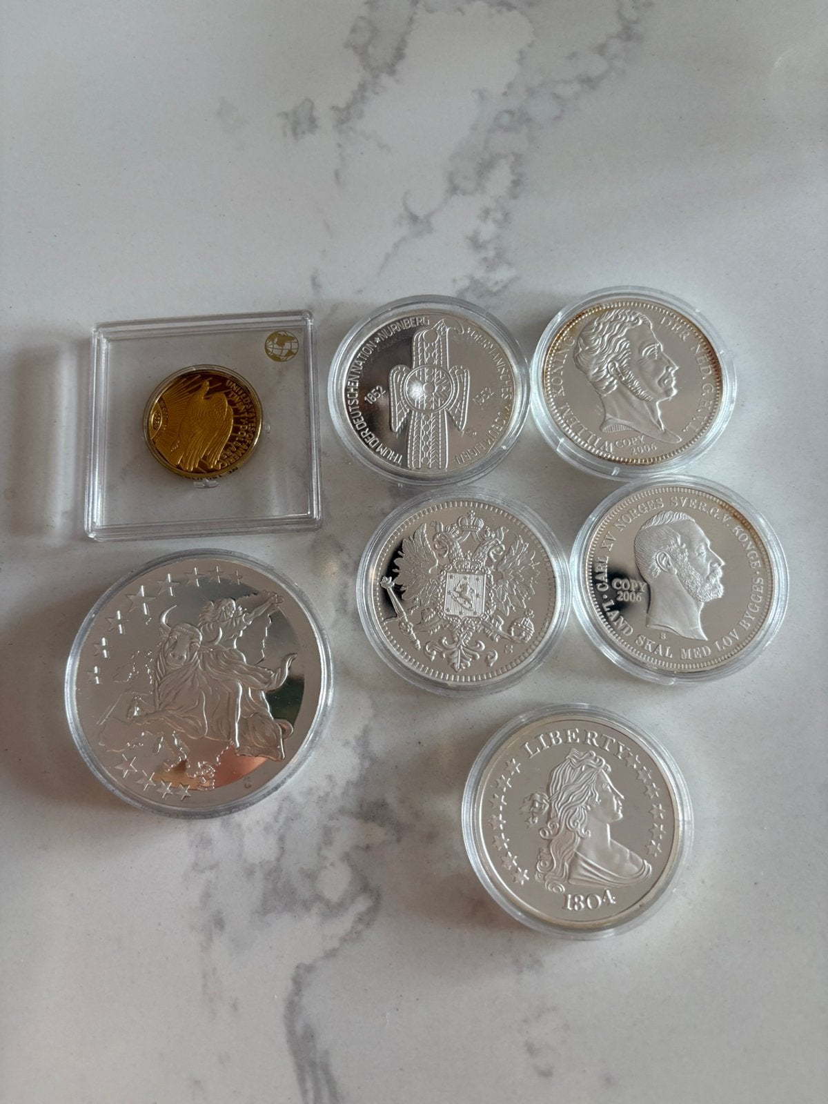 7 historische munten (ver)zilver en goud verguld., Ophalen of Verzenden, Buitenland, Munten
