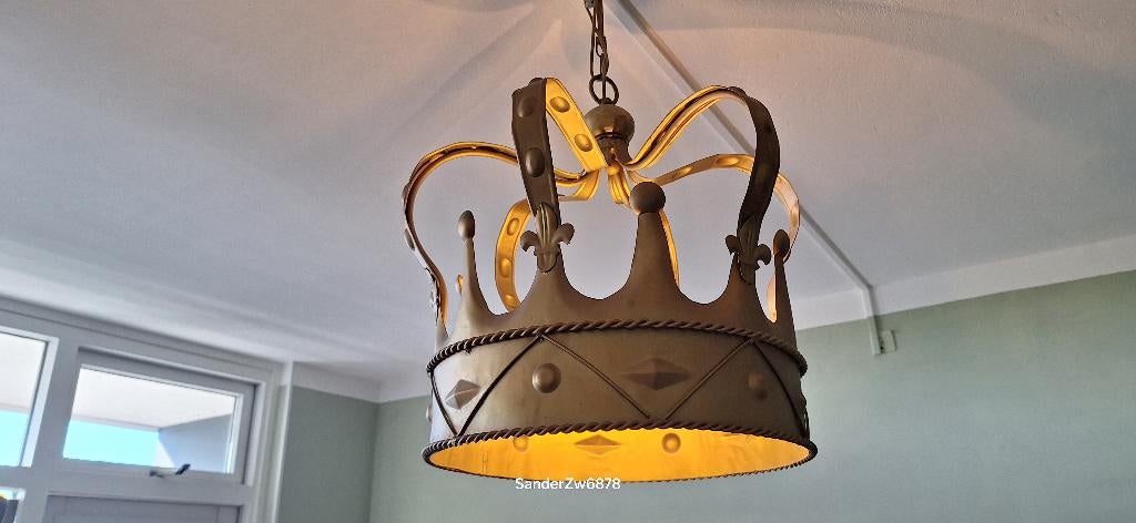 Grote Vintage Metalen Gouden Kroon Hanglamp, Ophalen, Gebruikt, 50 tot 75 cm, Overige materialen