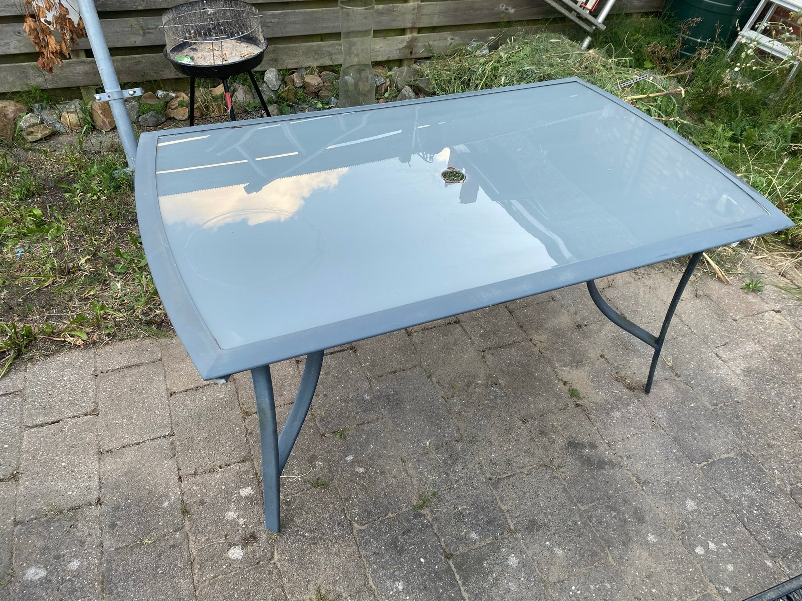 Tuin-/balkontafel met glazen blad, Ophalen, Gebruikt, Rechthoekig, Metaal