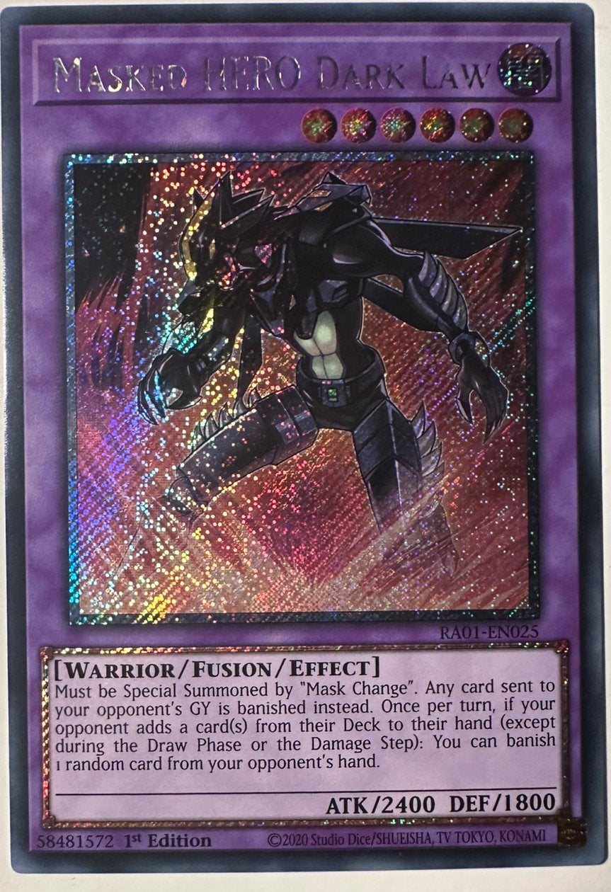 Yu-Gi-Oh! Masked HERO Dark Law RA01 1st Edition !, Ophalen of Verzenden, Zo goed als nieuw, Losse kaart, Foil