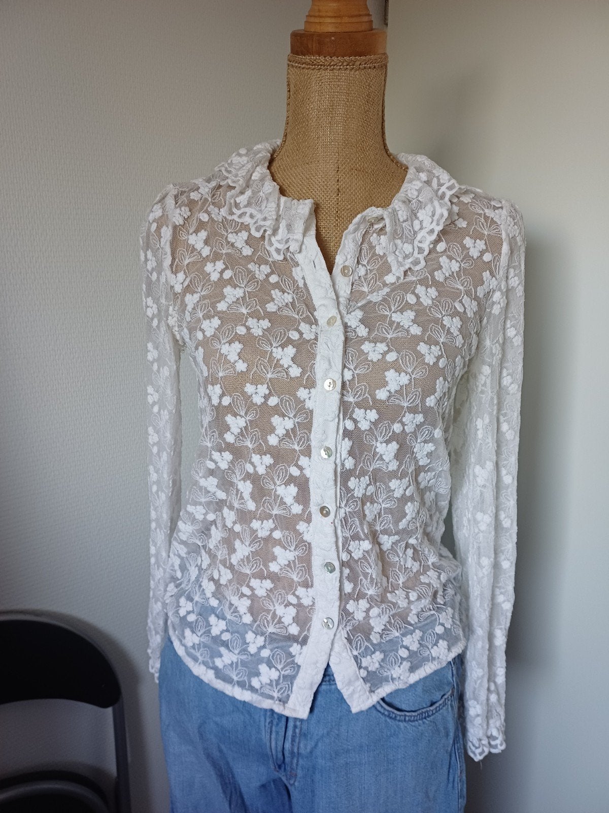 Purdey Brocante Blouse Wit - Platte Kraag & Elastiek Mouwen, Wit, Ophalen of Verzenden, Zo goed als nieuw, Purdey