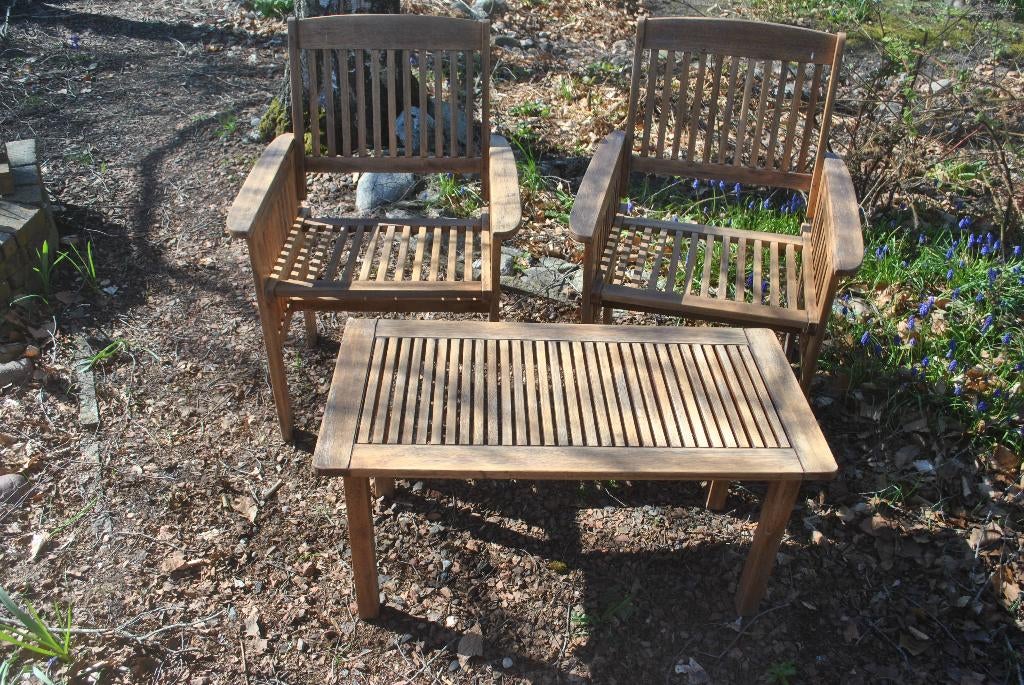 Tuinmeubilair, 2 stoelen met tafeltje, hardhout, Tuin en Terras, Gebruikt, Bijzettafel, Tuinset, Hout