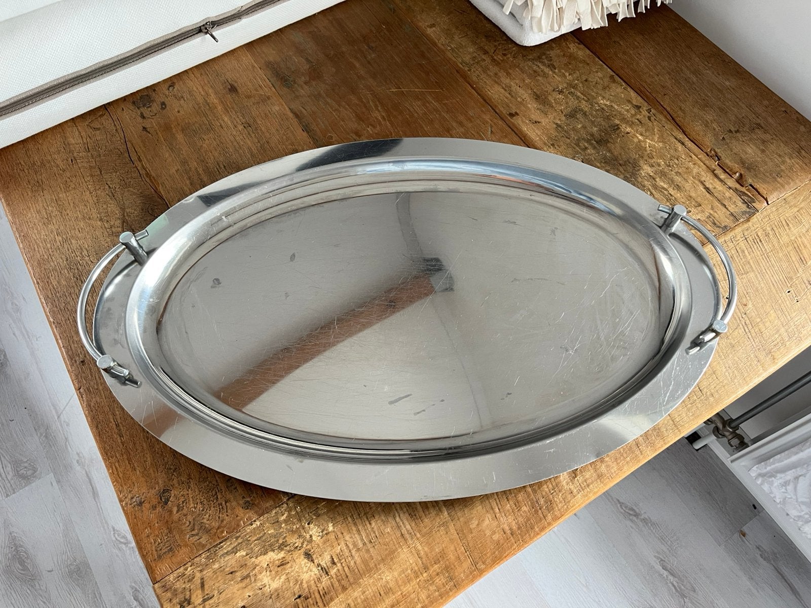 Ovale zilverkleurige dienblad met handvatten, Ophalen, Zo goed als nieuw, Ovaal, Metaal