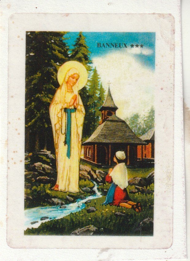 Oude bidprent Banneux - Maria verschijning, Ophalen of Verzenden, Gebruikt, Kaart of Prent, Christendom | Katholiek