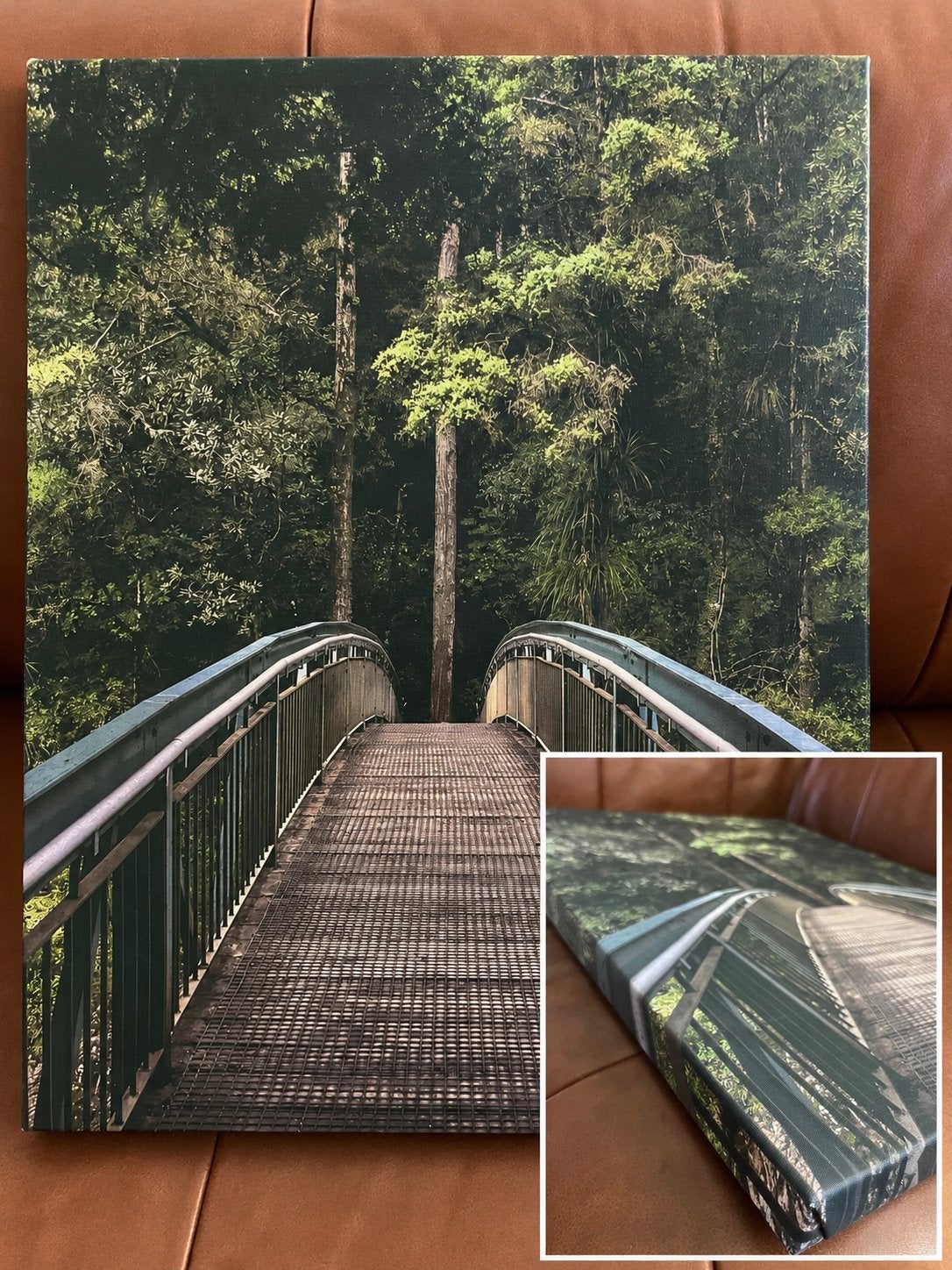 Canvas wanddecoratie brug in bos – 60 x 48 cm, Ophalen of Verzenden, Landschap