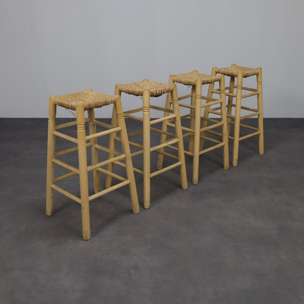 Set van 4 Vintage Barkrukken, jaren 70, Huis en Inrichting, Barkrukken, Ophalen, Gebruikt, Hout, 60 tot 90 cm