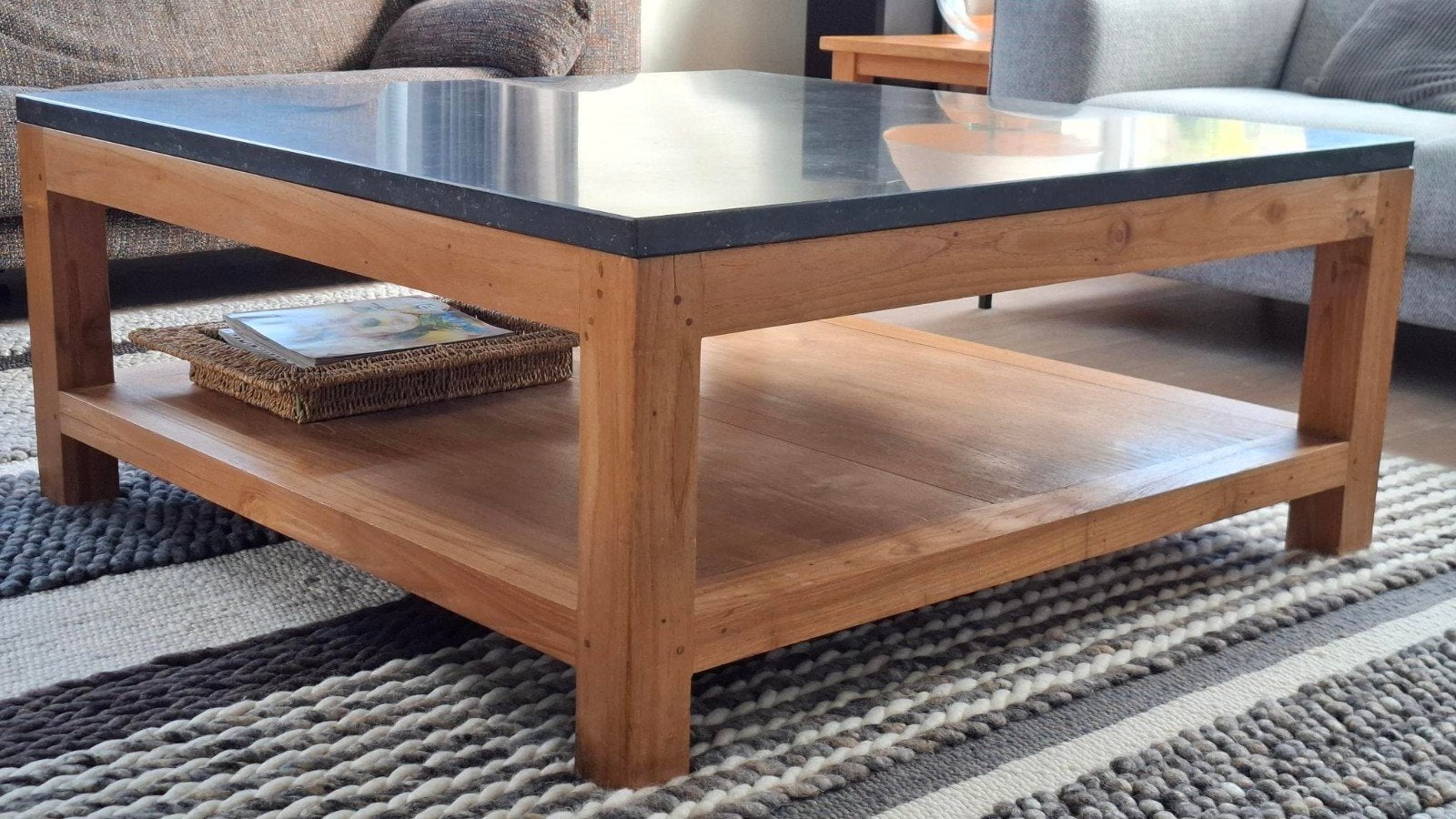 salontafel teakhout natuursteen blad, Ophalen, 100 tot 150 cm, 100 tot 150 cm, Vierkant