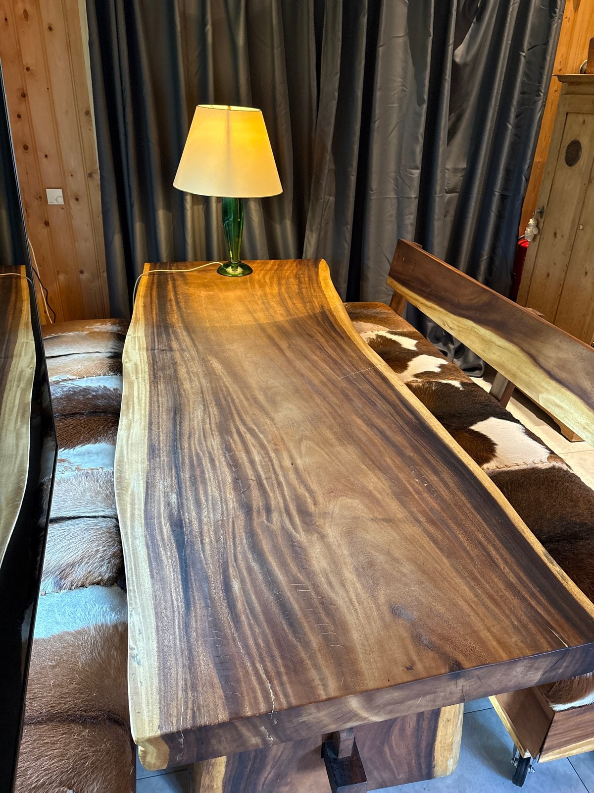Boomstam  eettafel met banken en stoelen - robuust hout, Ophalen, Gebruikt, 200 cm of meer, 50 tot 100 cm