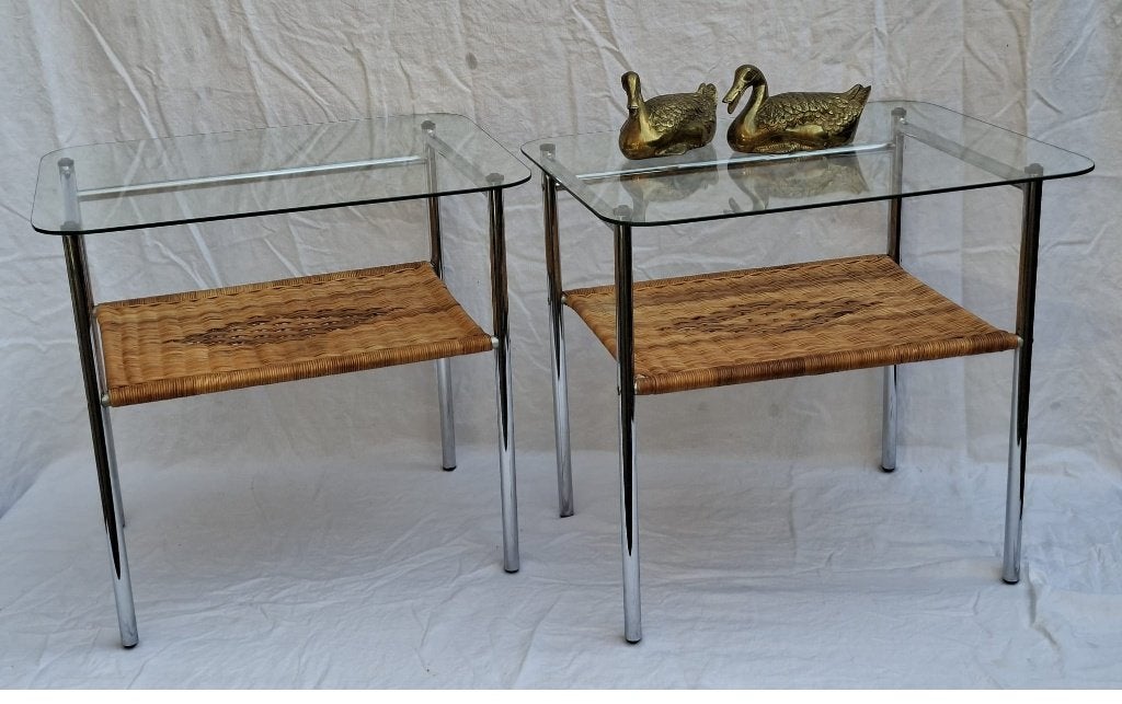 Set Vintage Bijzettafels / Nachtkastjes /Chroom/Glas/Pitriet, Minder dan 55 cm, Rechthoekig, Ophalen, 45 tot 60 cm