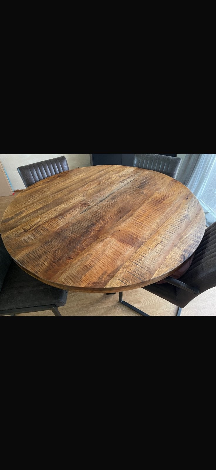Ronde eettafel van mangohout, Huis en Inrichting, Ophalen, 100 tot 150 cm, Rond, Zo goed als nieuw