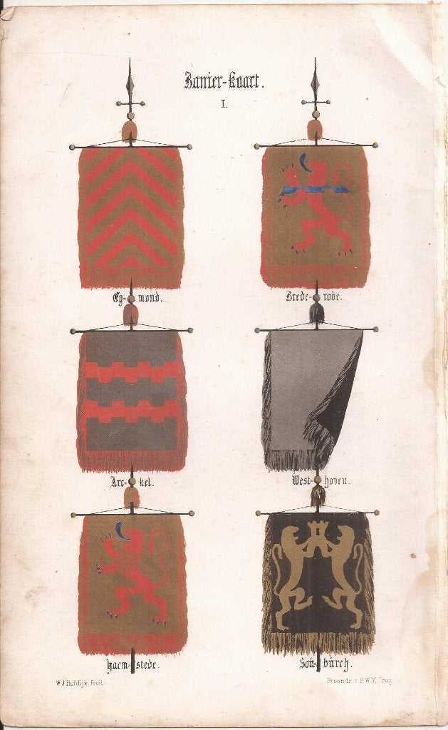 Banier-Kaart I wapens van Egmond Brederode Arckel Haemstede, Origineel, 1800 - 1899, Ophalen of Verzenden, Lithografie