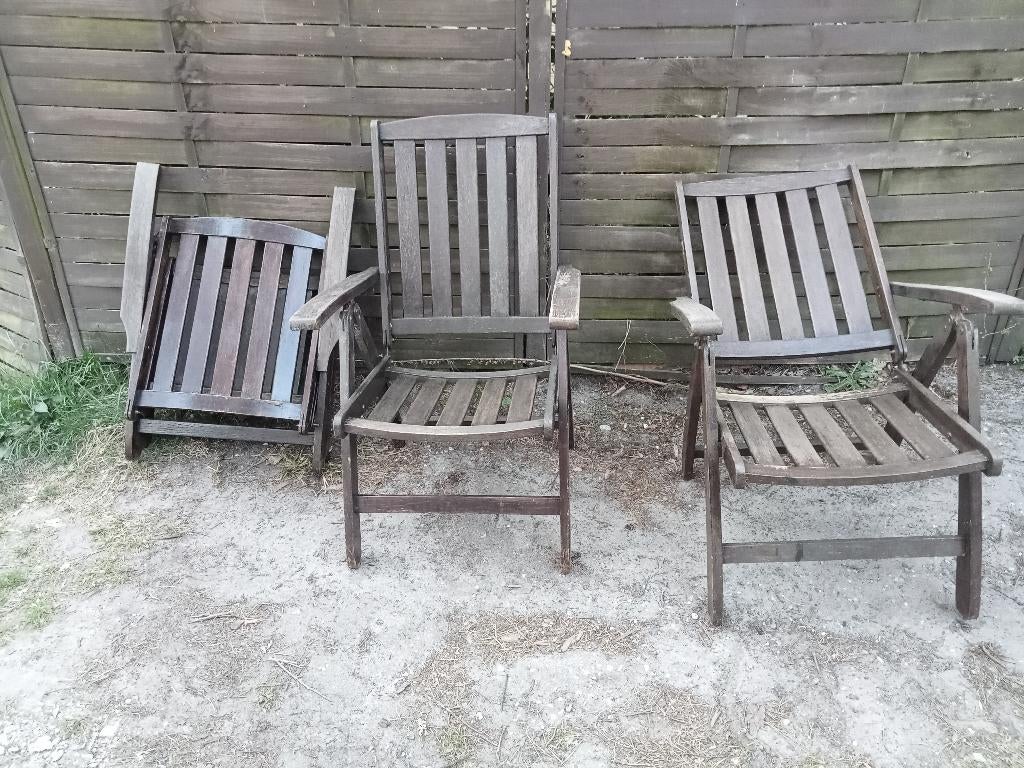 3 DEGELIJKE HARD HOUTEN TUINSTOELEN  STANDENSTOEL INKLAPBAAR, Ophalen, Gebruikt, Hout, Verstelbaar