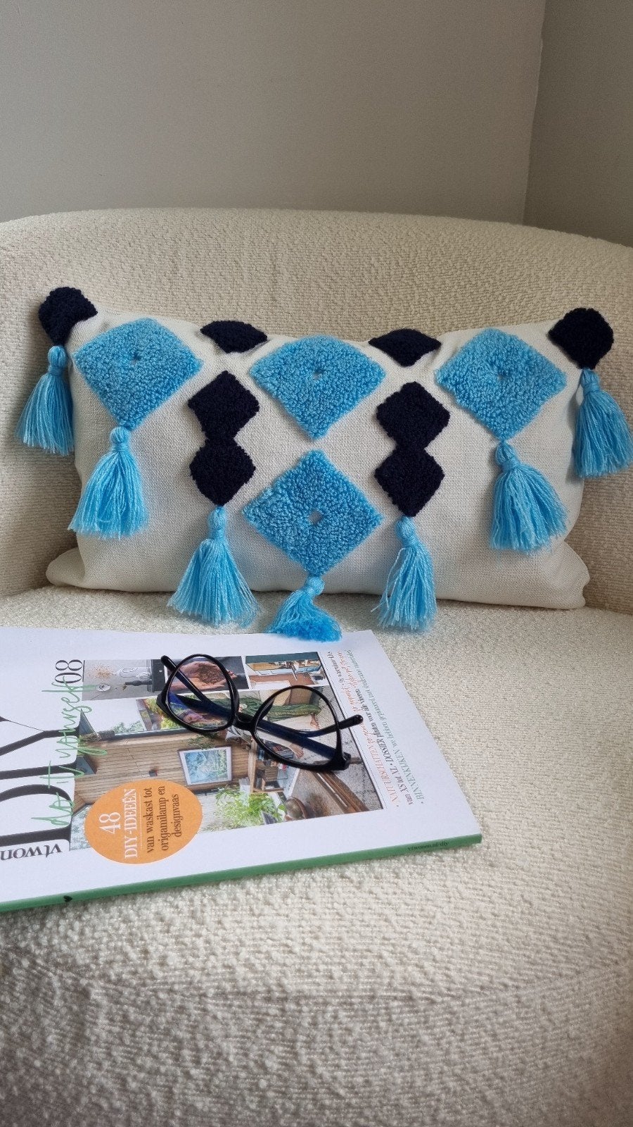 Decoratief kussen met kwastjes - Blauw/Wit, Huis en Inrichting, Woonaccessoires | Kussens, Overige merken, Blauw, Nieuw, Ophalen of Verzenden